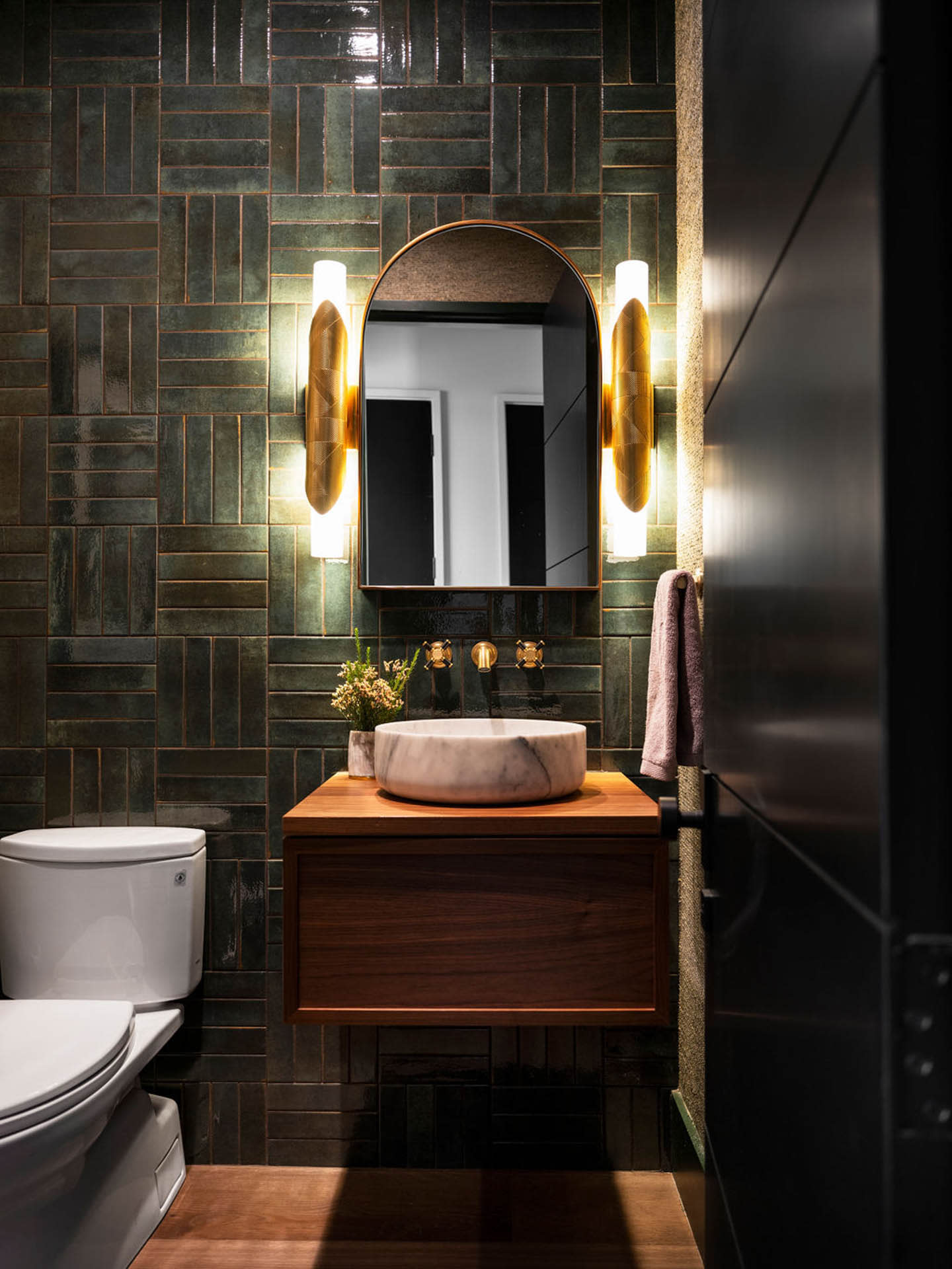 powder room with green parque tile