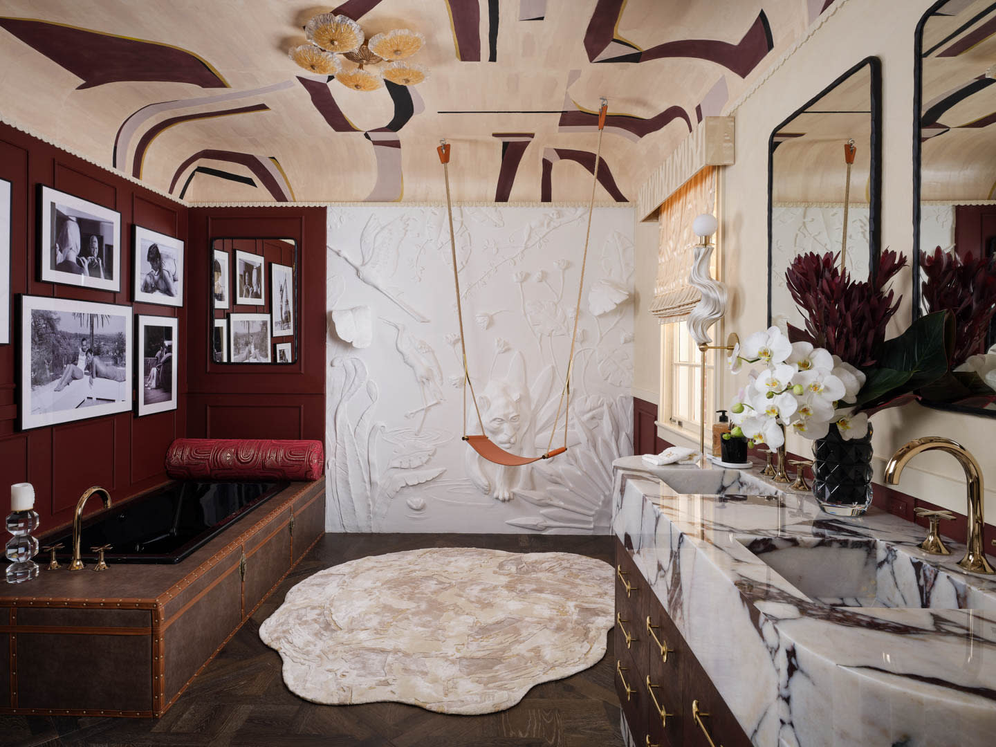 glamorous bathroom with a Calacatta Viola marble vanity
