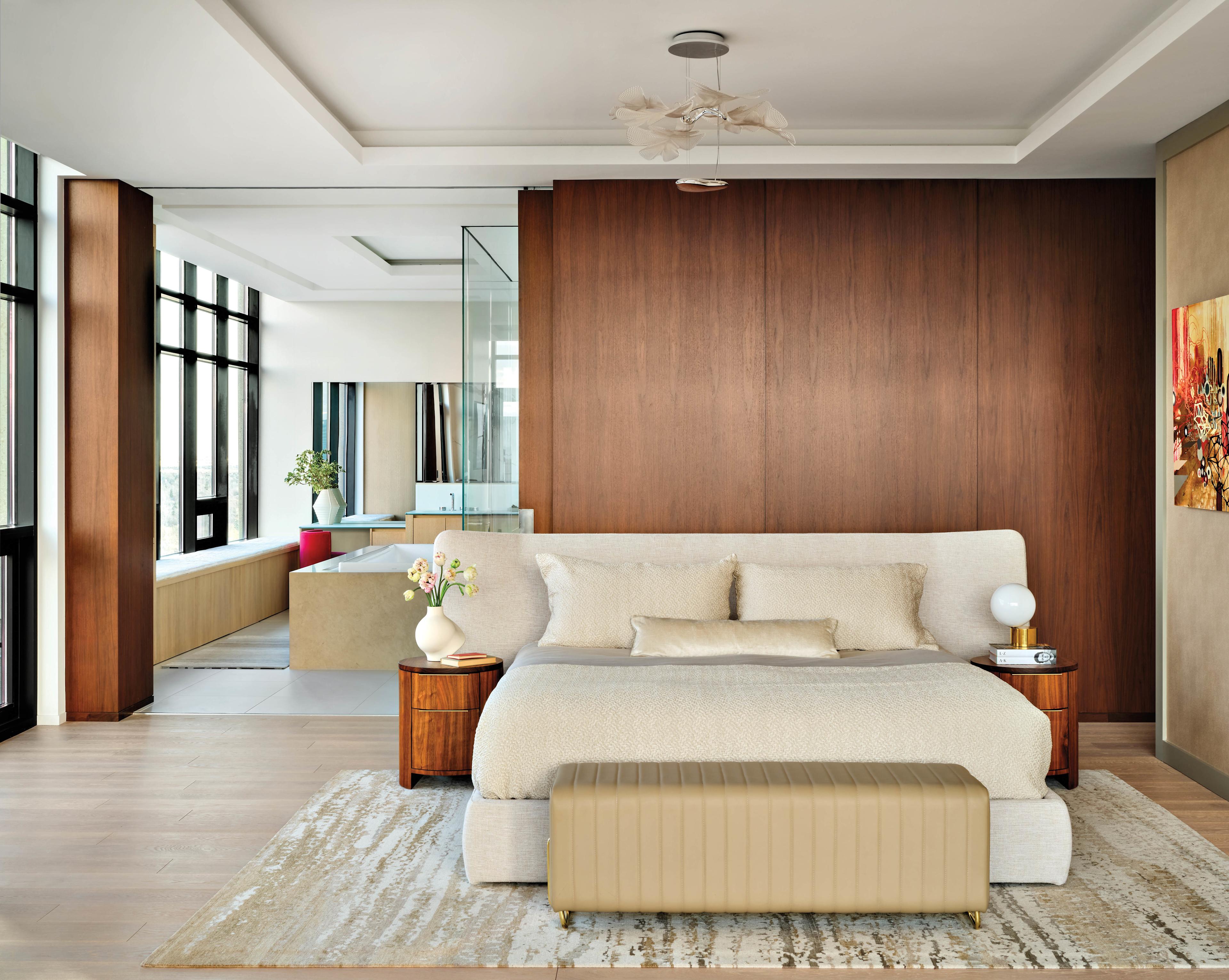 neutral primary bedroom with a contemporary feel in a Denver penthouse