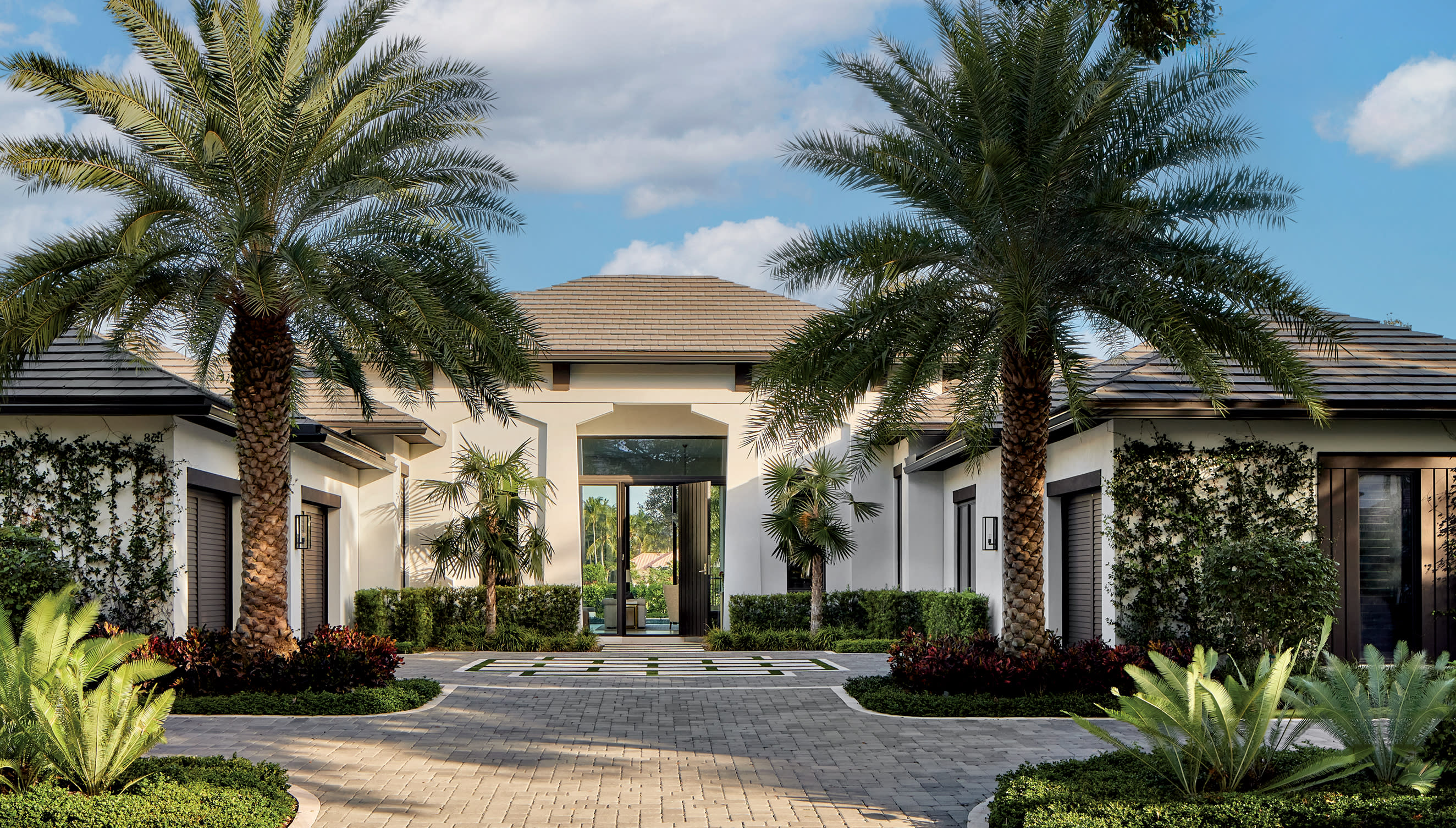 contemporary beach house exterior with palm trees lining the walkway